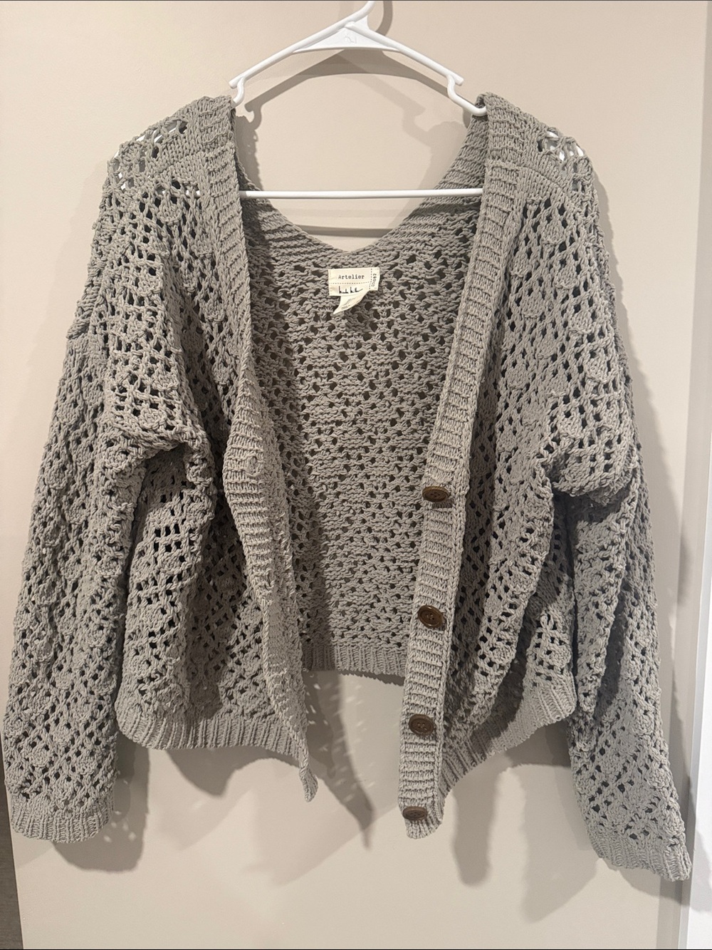 Nicole Miller Open-Knit Button Cardigan Sweater - Light Gray